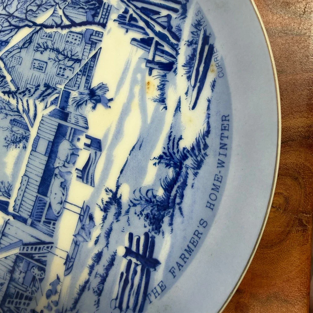 Currier & Ives The Farmers Home Winter Blue White Transferware Plate Japan